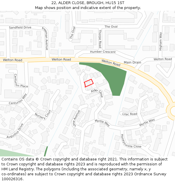 22, ALDER CLOSE, BROUGH, HU15 1ST: Location map and indicative extent of plot