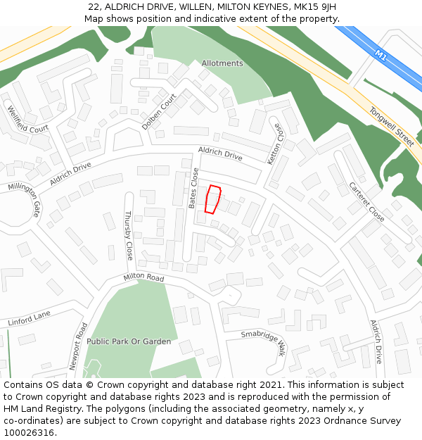 22, ALDRICH DRIVE, WILLEN, MILTON KEYNES, MK15 9JH: Location map and indicative extent of plot