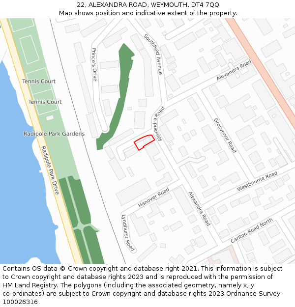 22, ALEXANDRA ROAD, WEYMOUTH, DT4 7QQ: Location map and indicative extent of plot