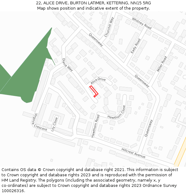 22, ALICE DRIVE, BURTON LATIMER, KETTERING, NN15 5RG: Location map and indicative extent of plot