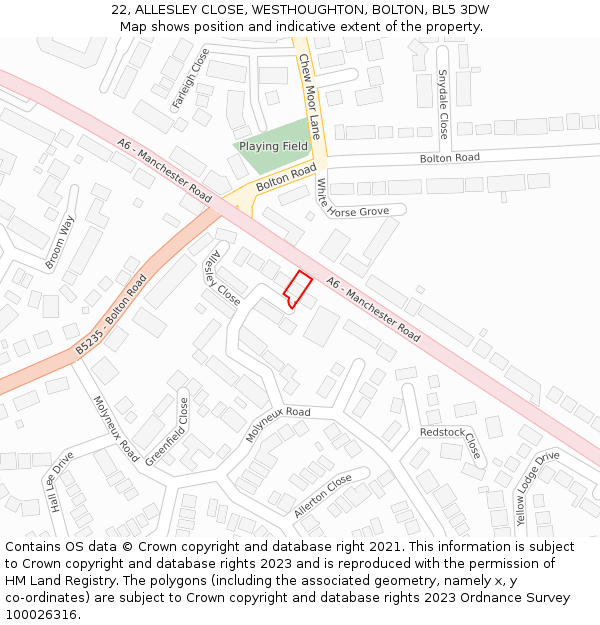 22, ALLESLEY CLOSE, WESTHOUGHTON, BOLTON, BL5 3DW: Location map and indicative extent of plot