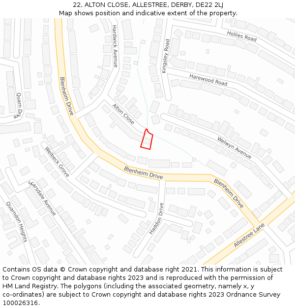 22, ALTON CLOSE, ALLESTREE, DERBY, DE22 2LJ: Location map and indicative extent of plot