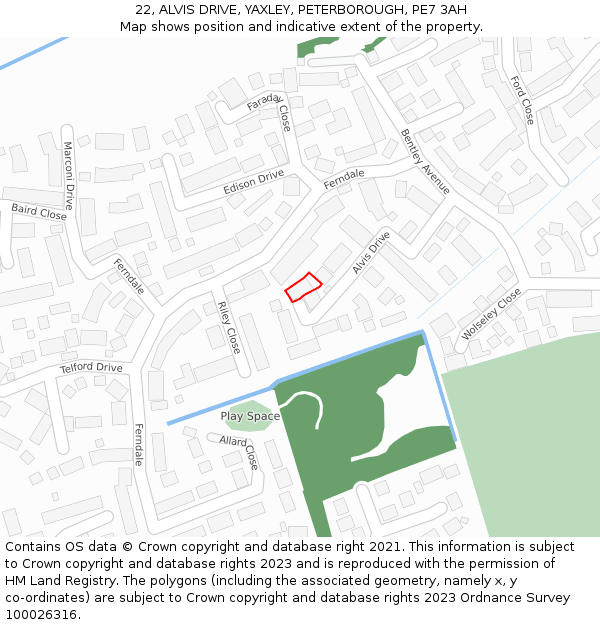 22, ALVIS DRIVE, YAXLEY, PETERBOROUGH, PE7 3AH: Location map and indicative extent of plot