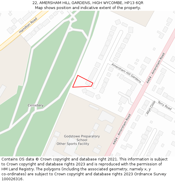 22, AMERSHAM HILL GARDENS, HIGH WYCOMBE, HP13 6QR: Location map and indicative extent of plot