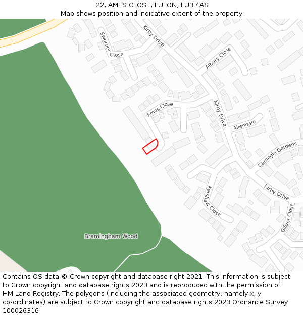 22, AMES CLOSE, LUTON, LU3 4AS: Location map and indicative extent of plot