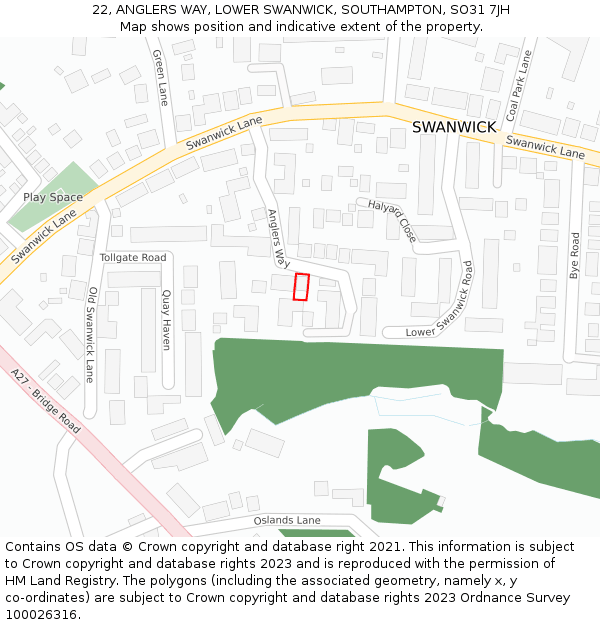22, ANGLERS WAY, LOWER SWANWICK, SOUTHAMPTON, SO31 7JH: Location map and indicative extent of plot