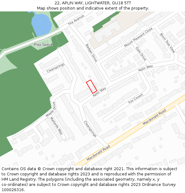 22, APLIN WAY, LIGHTWATER, GU18 5TT: Location map and indicative extent of plot