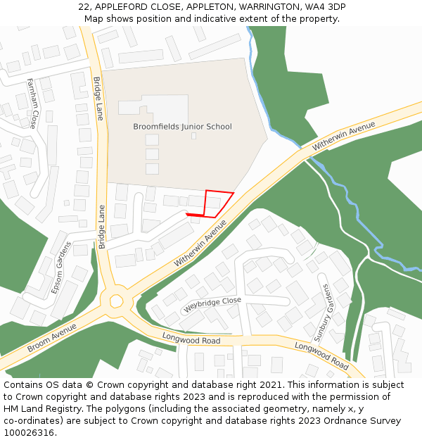 22, APPLEFORD CLOSE, APPLETON, WARRINGTON, WA4 3DP: Location map and indicative extent of plot