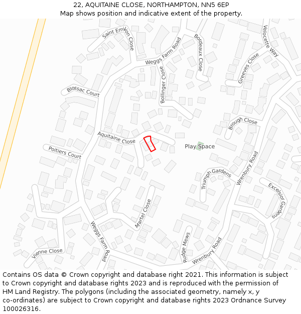 22, AQUITAINE CLOSE, NORTHAMPTON, NN5 6EP: Location map and indicative extent of plot