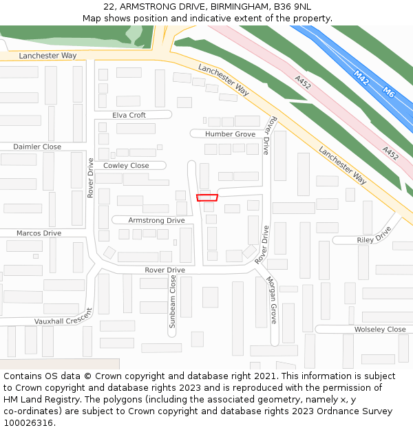 22, ARMSTRONG DRIVE, BIRMINGHAM, B36 9NL: Location map and indicative extent of plot