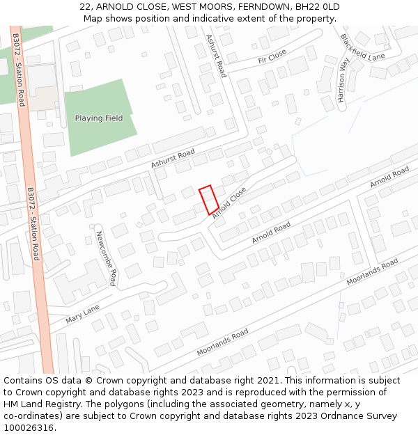 22, ARNOLD CLOSE, WEST MOORS, FERNDOWN, BH22 0LD: Location map and indicative extent of plot