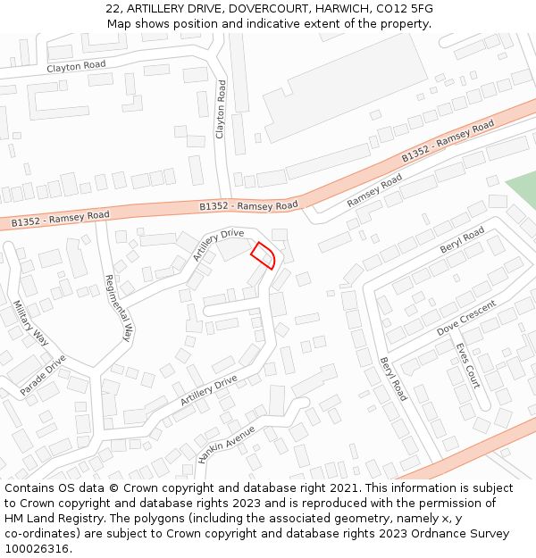 22, ARTILLERY DRIVE, DOVERCOURT, HARWICH, CO12 5FG: Location map and indicative extent of plot