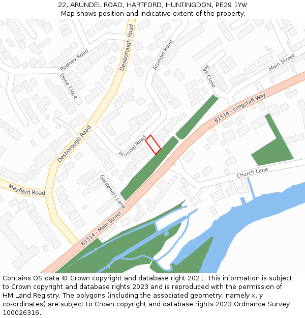 22, ARUNDEL ROAD, HARTFORD, HUNTINGDON, PE29 1YW: Location map and indicative extent of plot