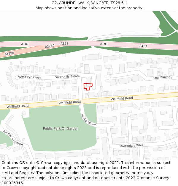 22, ARUNDEL WALK, WINGATE, TS28 5LJ: Location map and indicative extent of plot