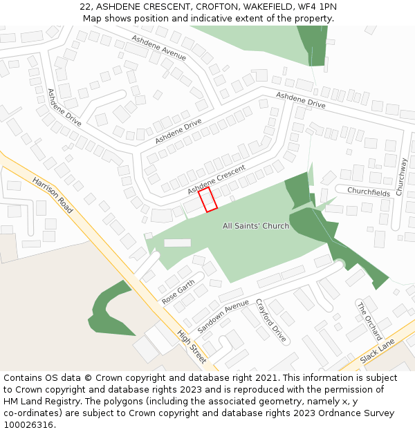 22, ASHDENE CRESCENT, CROFTON, WAKEFIELD, WF4 1PN: Location map and indicative extent of plot