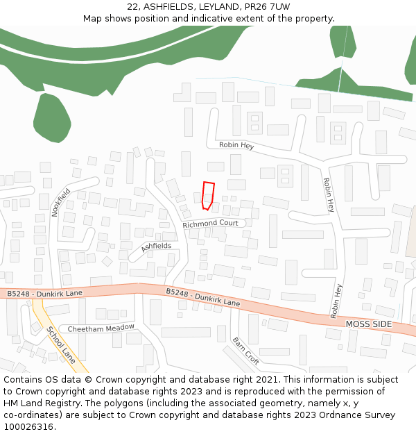 22, ASHFIELDS, LEYLAND, PR26 7UW: Location map and indicative extent of plot