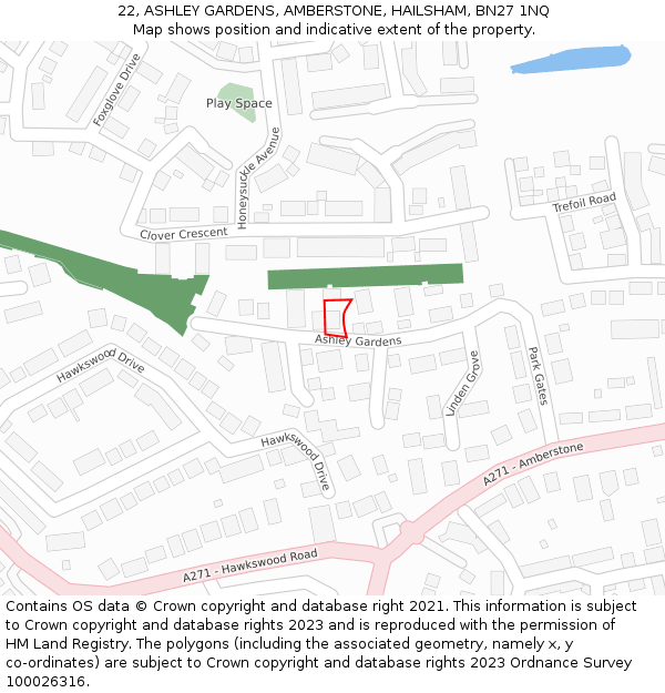 22, ASHLEY GARDENS, AMBERSTONE, HAILSHAM, BN27 1NQ: Location map and indicative extent of plot