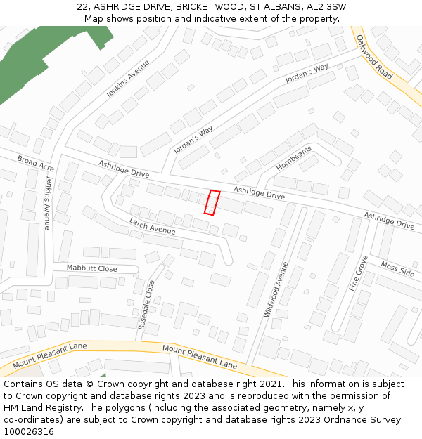 22, ASHRIDGE DRIVE, BRICKET WOOD, ST ALBANS, AL2 3SW: Location map and indicative extent of plot