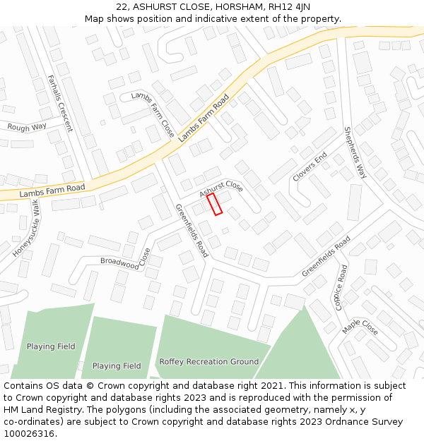 22, ASHURST CLOSE, HORSHAM, RH12 4JN: Location map and indicative extent of plot