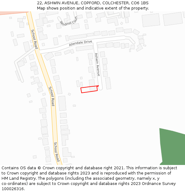 22, ASHWIN AVENUE, COPFORD, COLCHESTER, CO6 1BS: Location map and indicative extent of plot