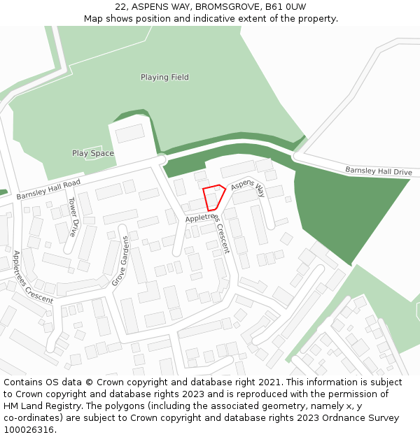 22, ASPENS WAY, BROMSGROVE, B61 0UW: Location map and indicative extent of plot