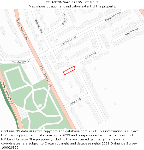 22, ASTON WAY, EPSOM, KT18 5LZ: Location map and indicative extent of plot