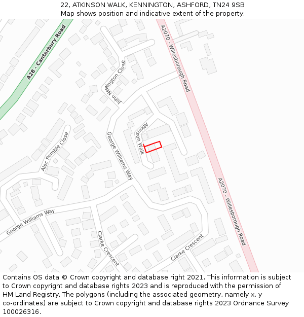 22, ATKINSON WALK, KENNINGTON, ASHFORD, TN24 9SB: Location map and indicative extent of plot
