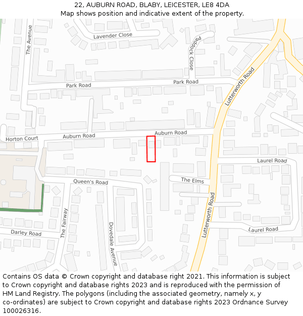 22, AUBURN ROAD, BLABY, LEICESTER, LE8 4DA: Location map and indicative extent of plot