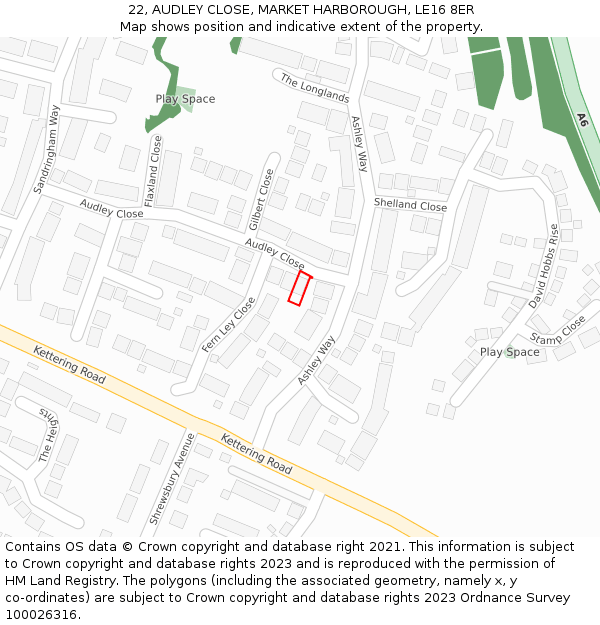 22, AUDLEY CLOSE, MARKET HARBOROUGH, LE16 8ER: Location map and indicative extent of plot