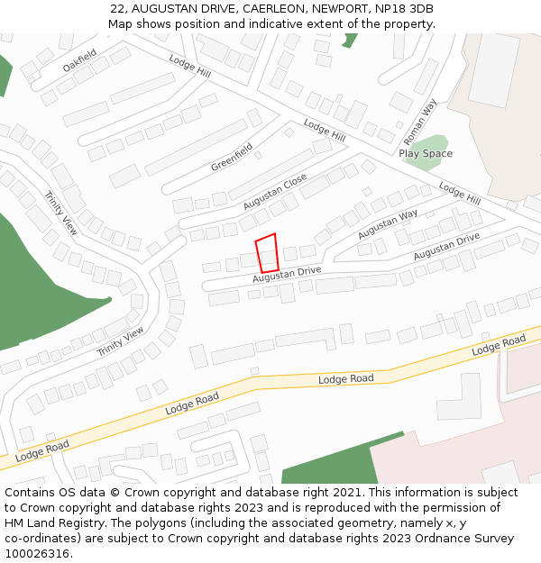 22, AUGUSTAN DRIVE, CAERLEON, NEWPORT, NP18 3DB: Location map and indicative extent of plot