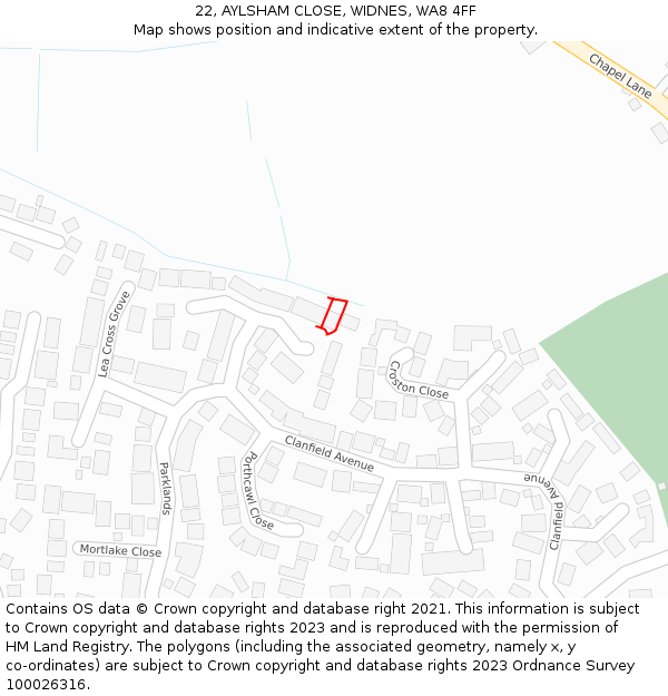 22, AYLSHAM CLOSE, WIDNES, WA8 4FF: Location map and indicative extent of plot