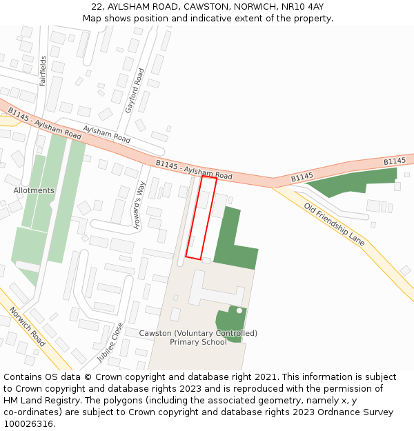 22, AYLSHAM ROAD, CAWSTON, NORWICH, NR10 4AY: Location map and indicative extent of plot