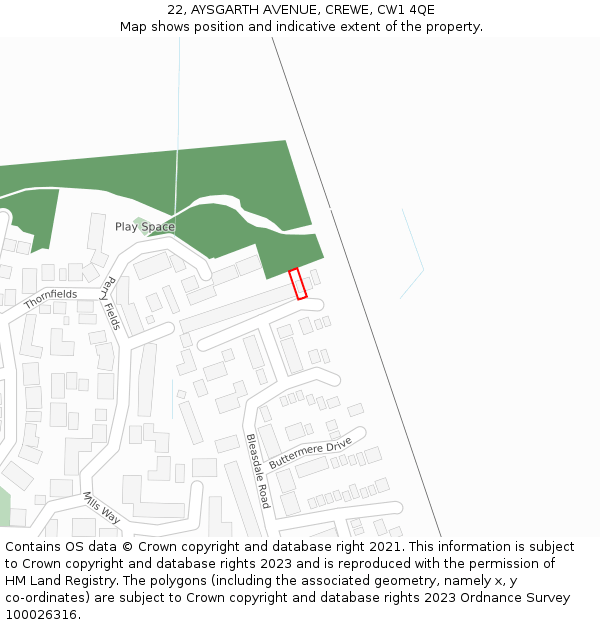 22, AYSGARTH AVENUE, CREWE, CW1 4QE: Location map and indicative extent of plot