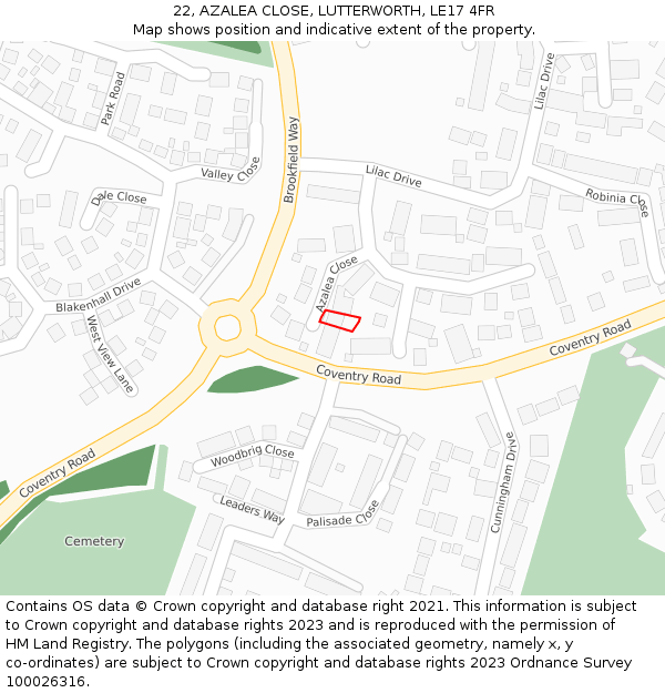 22, AZALEA CLOSE, LUTTERWORTH, LE17 4FR: Location map and indicative extent of plot