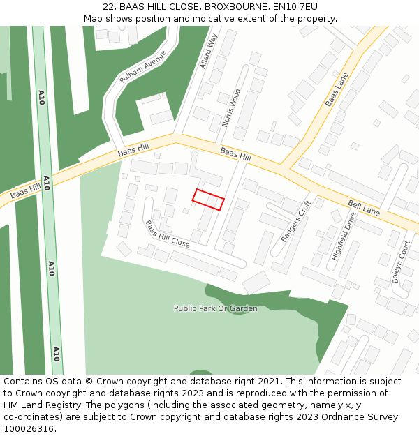 22, BAAS HILL CLOSE, BROXBOURNE, EN10 7EU: Location map and indicative extent of plot