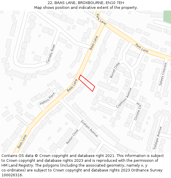 22, BAAS LANE, BROXBOURNE, EN10 7EH: Location map and indicative extent of plot