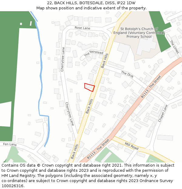 22, BACK HILLS, BOTESDALE, DISS, IP22 1DW: Location map and indicative extent of plot