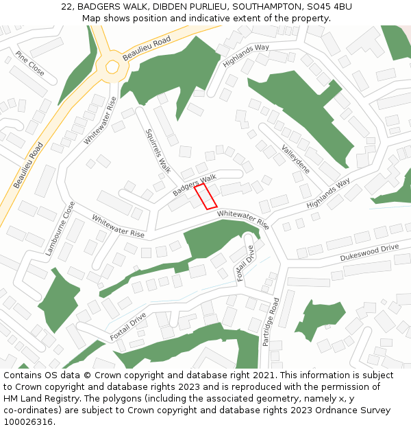 22, BADGERS WALK, DIBDEN PURLIEU, SOUTHAMPTON, SO45 4BU: Location map and indicative extent of plot