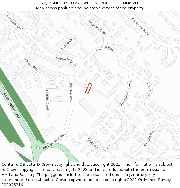 22, BANBURY CLOSE, WELLINGBOROUGH, NN8 2LP: Location map and indicative extent of plot