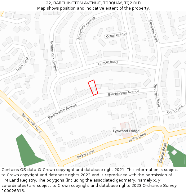 22, BARCHINGTON AVENUE, TORQUAY, TQ2 8LB: Location map and indicative extent of plot