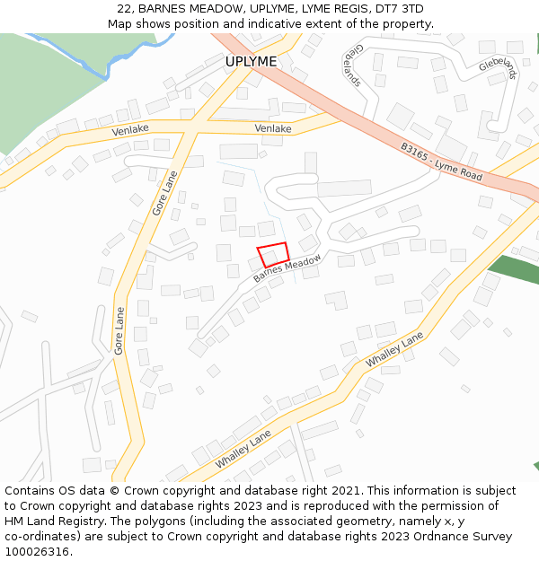 22, BARNES MEADOW, UPLYME, LYME REGIS, DT7 3TD: Location map and indicative extent of plot