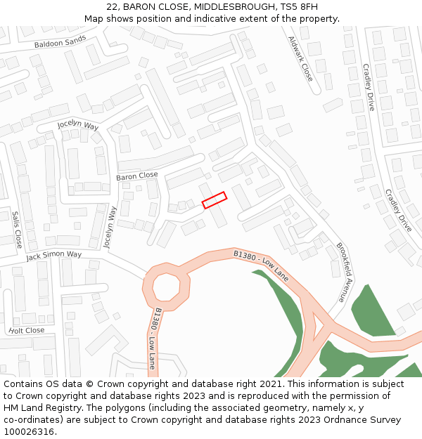 22, BARON CLOSE, MIDDLESBROUGH, TS5 8FH: Location map and indicative extent of plot