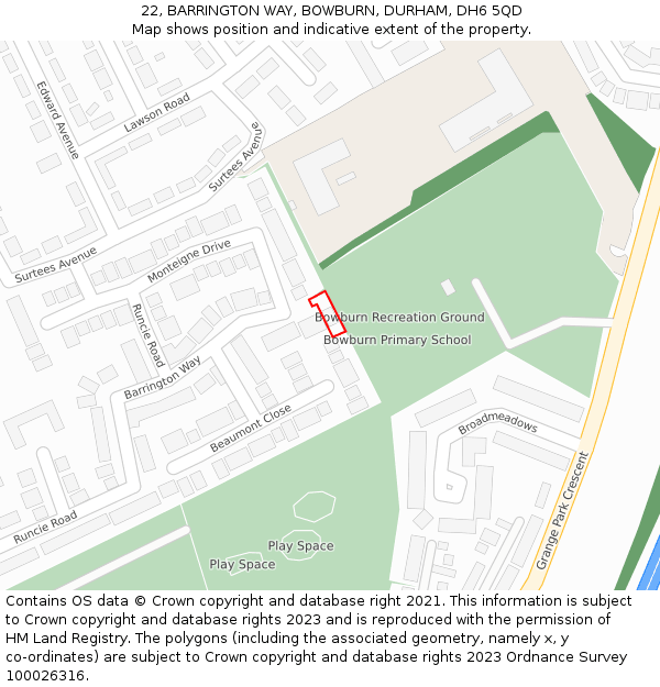 22, BARRINGTON WAY, BOWBURN, DURHAM, DH6 5QD: Location map and indicative extent of plot