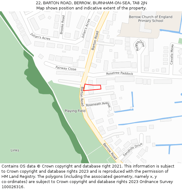 22, BARTON ROAD, BERROW, BURNHAM-ON-SEA, TA8 2JN: Location map and indicative extent of plot
