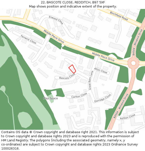 22, BASCOTE CLOSE, REDDITCH, B97 5XF: Location map and indicative extent of plot