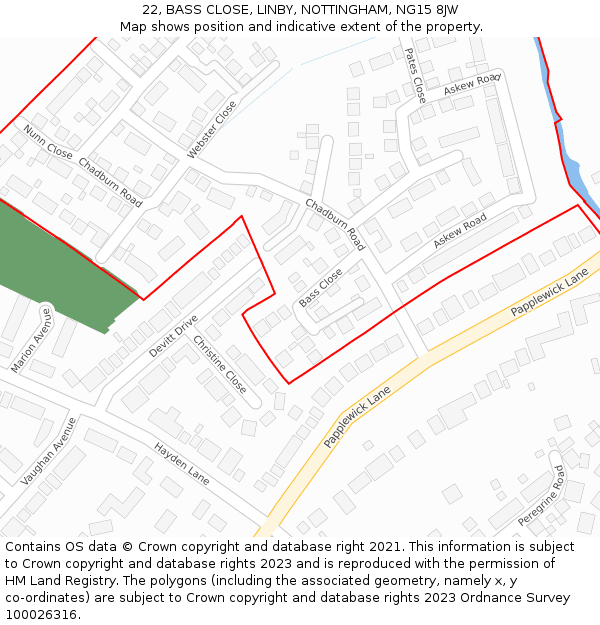 22, BASS CLOSE, LINBY, NOTTINGHAM, NG15 8JW: Location map and indicative extent of plot