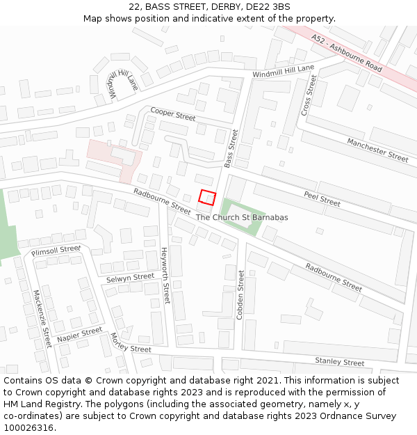 22, BASS STREET, DERBY, DE22 3BS: Location map and indicative extent of plot