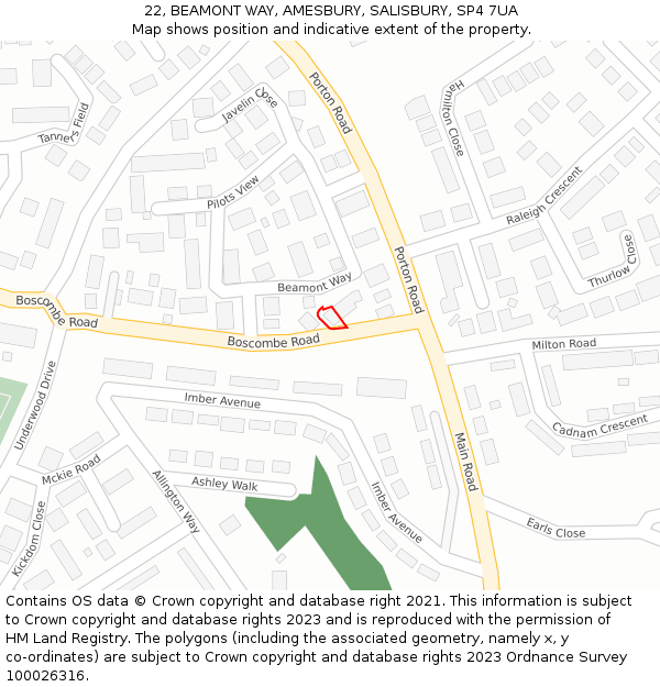 22, BEAMONT WAY, AMESBURY, SALISBURY, SP4 7UA: Location map and indicative extent of plot