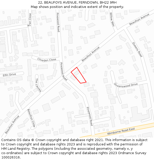 22, BEAUFOYS AVENUE, FERNDOWN, BH22 9RH: Location map and indicative extent of plot
