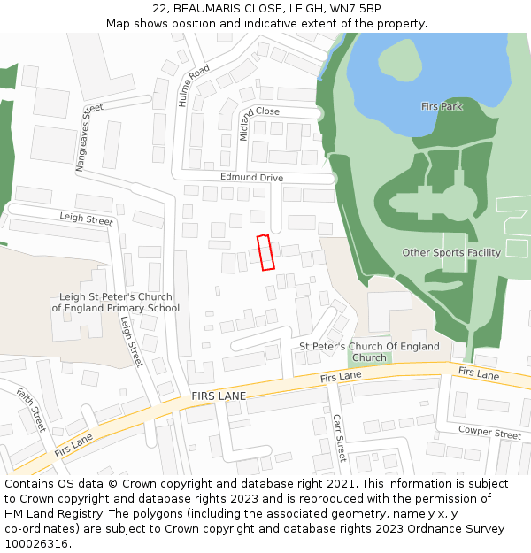 22, BEAUMARIS CLOSE, LEIGH, WN7 5BP: Location map and indicative extent of plot